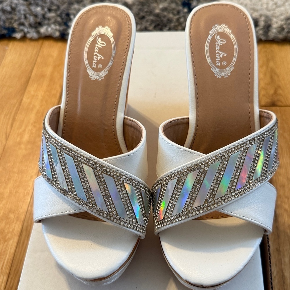 Italina White Wedge Slide Sandals with Holographic Straps and Rhinestone Trim